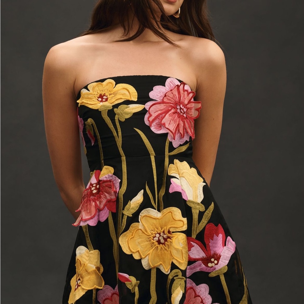 By Anthropologie Strapless Floral Organza Mini Dress